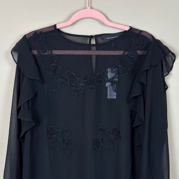 WHBM Black Sheer Long Sleeve Tunic Blouse with Floral Appliqué/Ruffle Accent NWT - Picture 2 of 13